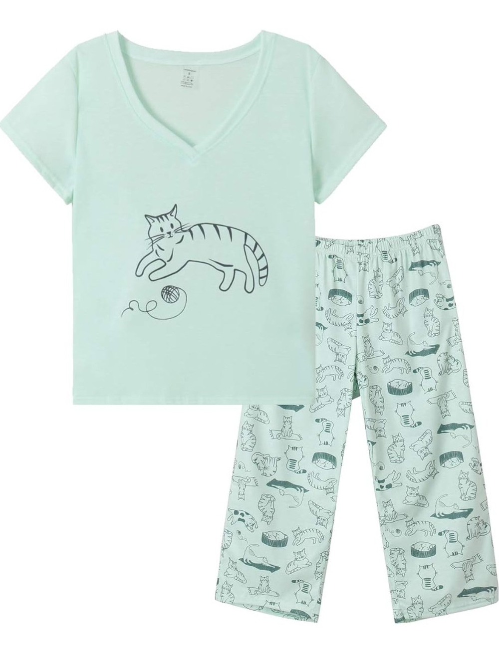 NWOT Cat Print Capri Pajama Set - Mint color - S